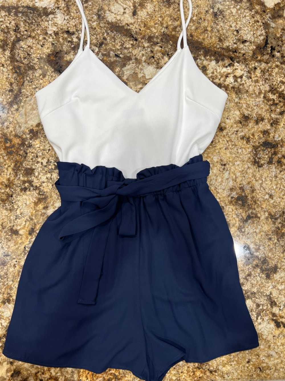 Shop 17 Two-Tone Spaghetti Strap Romper in White and Navy